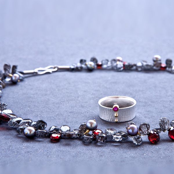 Collier Turmalinquarz Granattropfen Suesswasserperlen 925Silber750Gold